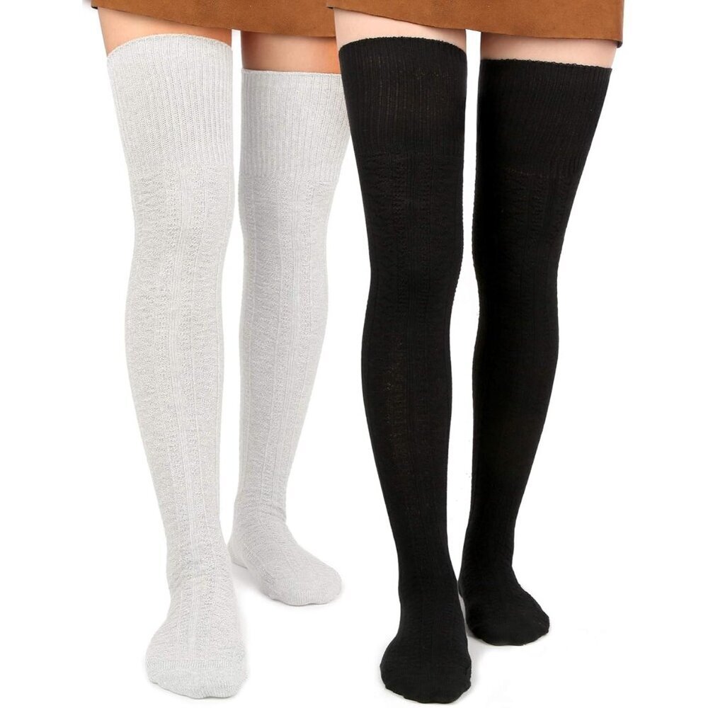 2 Pack Women Thigh High Socks Cotton Knit Warm Thick Long Boot Stockings Black W